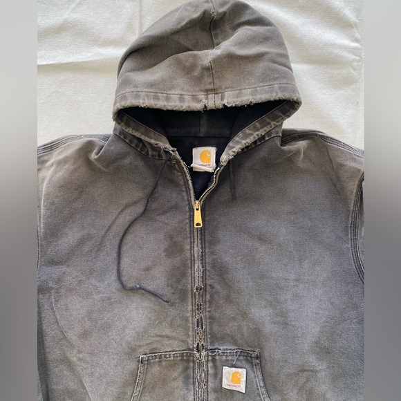 Vintage Thrashed Carhartt Charcoal Hooded Jacket Heavy Wear Extra Distressed - Picture 7 of 15